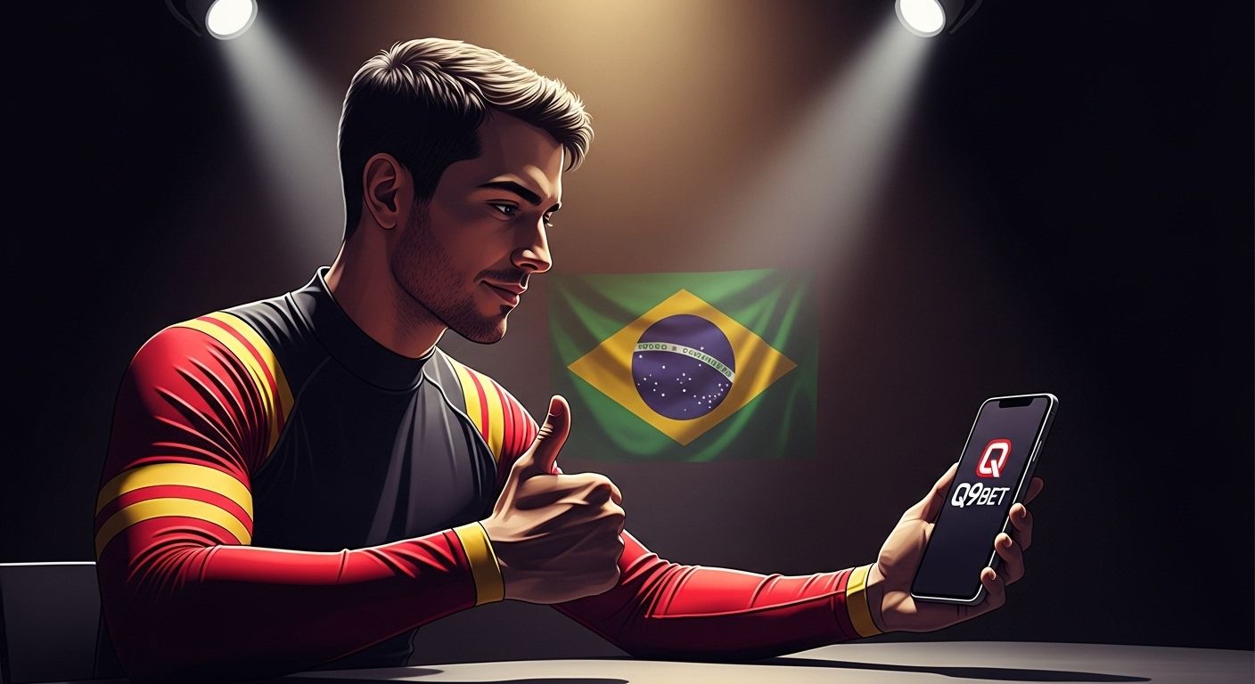 Crie uma imagem sobre o tema: Um crítico confiante dando um "joinha" para um site de cassino. Cassino móvel e aplicativo q9bet em português para jogadores do Brasil. Use a bandeira do Brasil.